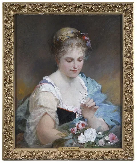 ÿYoung Beauty with a Gathering of Flowers by Emile Auguste Pinchart, oil on canvas, offered May 2021