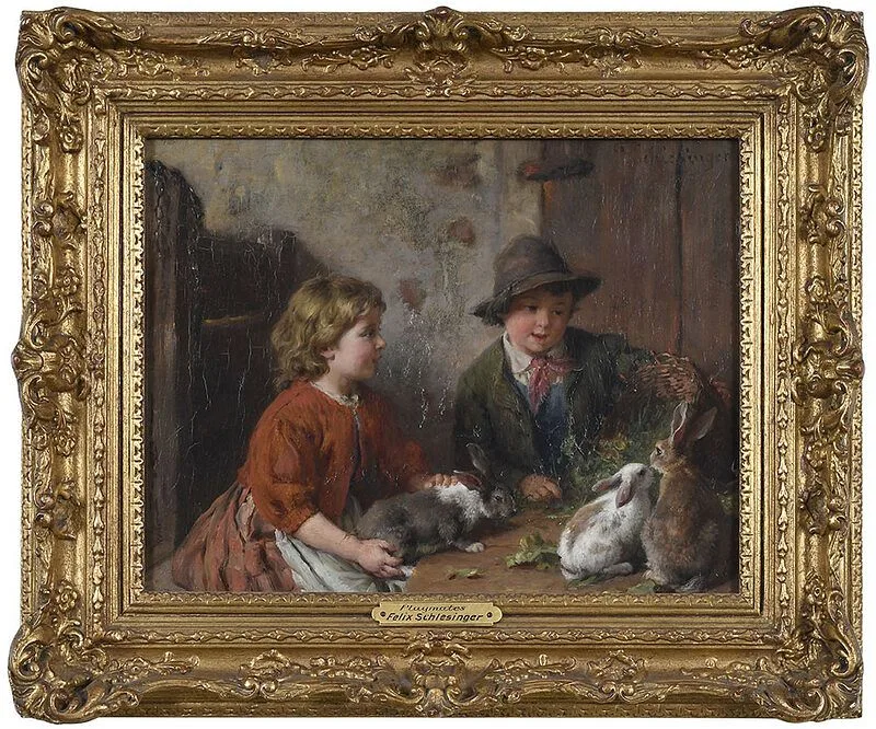 Playmates by Felix Schlesinger, oil on panel, sold May 2021