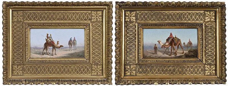 Gaetano Mormile, A pair of Orientalist scenes: Travelers on Camels, both signed lower right "G. Mormile/Napoli, oil on panel