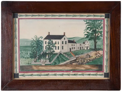 Folk Art Watercolor of House, Landscape with a House, watercolor on paper