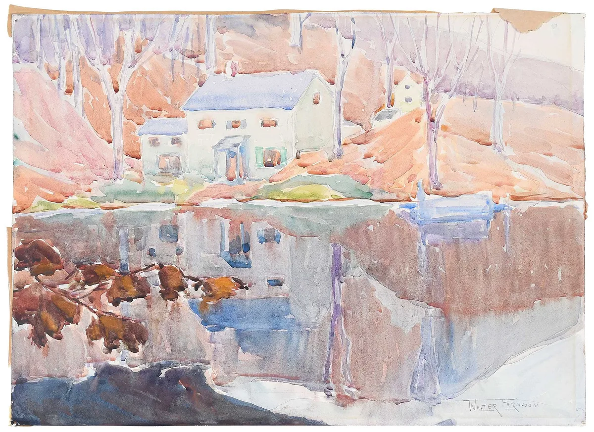 The Pond by Walter Farndon, circa 1930, "Walter Farndon" watercolor on paper, sold Apr 2026