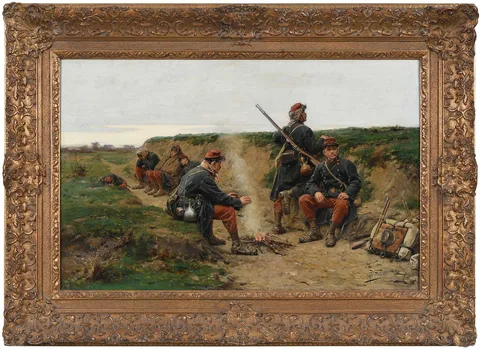 Paul Grolleron, French Infantry Soldiers Resting by a Fire Near a Berm, oil on canvas