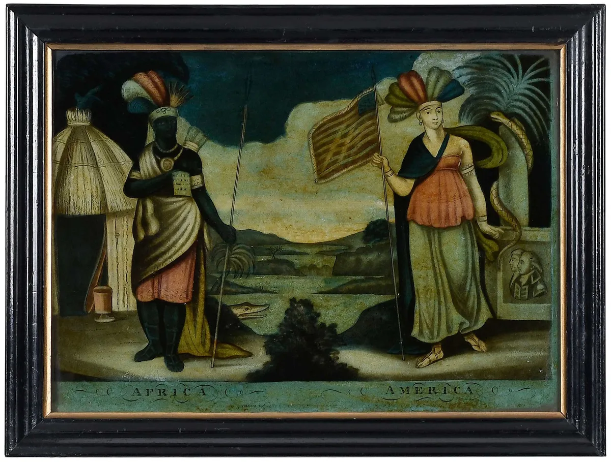 W. B. Walker, Publisher, Africa and America, 1807, reverse applied hand colored mezzotint on glass