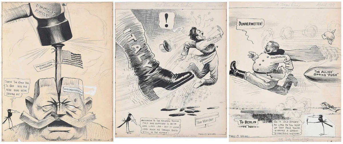 Frederick Otto Seibel, Three Political Cartoons, pencil inscriptions lower margin
