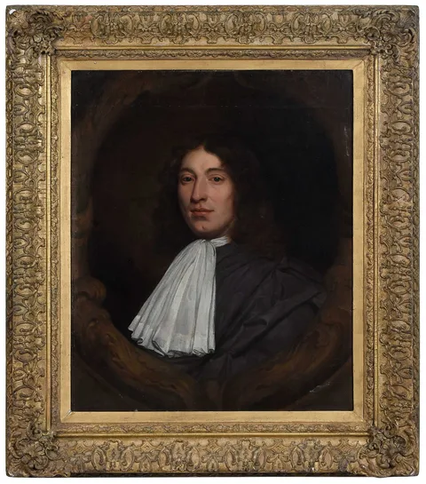 Mary Beale, Gentleman in a robe and white stock, a half portrait within a feigned oval cartouche, oil on canvas