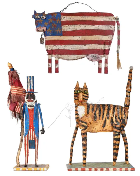 Jim Lambert, three works: Tabby Cat, 1999, carved and painted wood with found objects