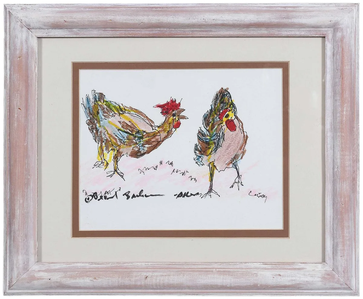 Two Chickens by Beverly Buchanan, oil pastel and ink on paper, sold Oct 2025