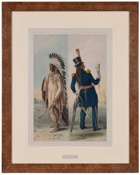 George Catlin, Wi-Jun-Jon (An Assinneboin Chief, going to Washington and returning to his home), plate 25 from North American Indian Portfolio Hunting Scenes and Amusements of the Rocky Mountains and Prairies of America, C. and J. Adlard for George Catlin, Egyptian Hall, London, 1844, hand colored lithograph on wove paper mounted on card within ink frame