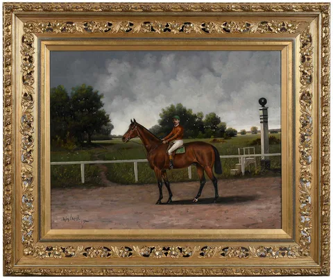 Henry Herman Cross, A Bay Racehorse with Jockey Up By A Starting Pole on a Racetrack, oil on canvas