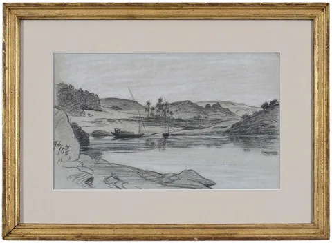 Elihu Vedder, Boats on the Nile, colored pencil and chalk on grey paper