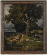 Charles Jacque, Atmospheric landscape with shepherd tending a grazing flock of sheep