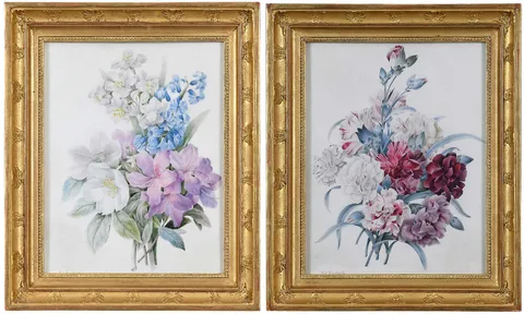 Pierre-Joseph Redouté, Two Botanical Watercolors, watercolor and graphite on paper vellum wrapped on panels