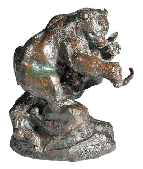 Ours monte sur un arbre, mangeant un hibou by Antoine-Louis Barye, 1874, patinated bronze, sold Oct 2025