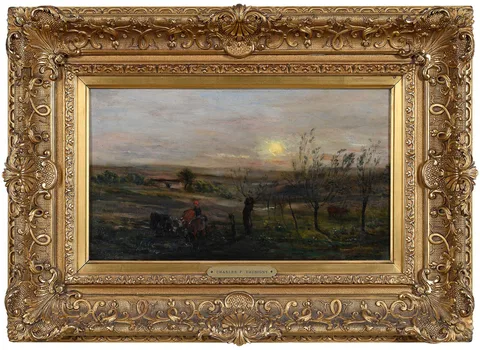 Le Lever du soleil, a sunrise by Charles-François Daubigny, 1873, oil on panel, sold Oct 2025