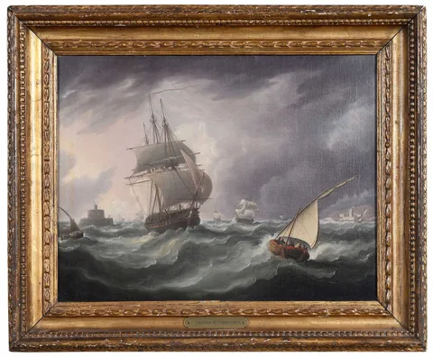 Thomas Buttersworth, British Frigates Near the Bugio Lighthouse, oil on canvas