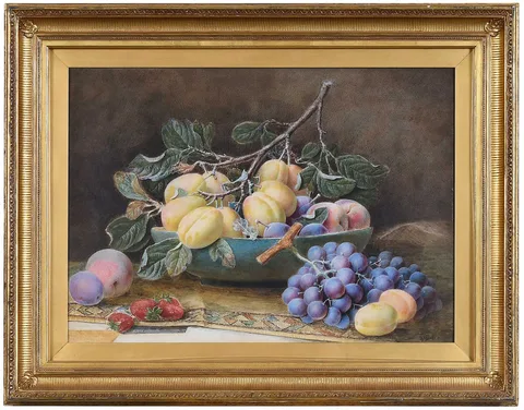 Still Life with Apricots, Grapes, Apples, and Plums by William B. Hough, watercolor on paper, sold Oct 2025