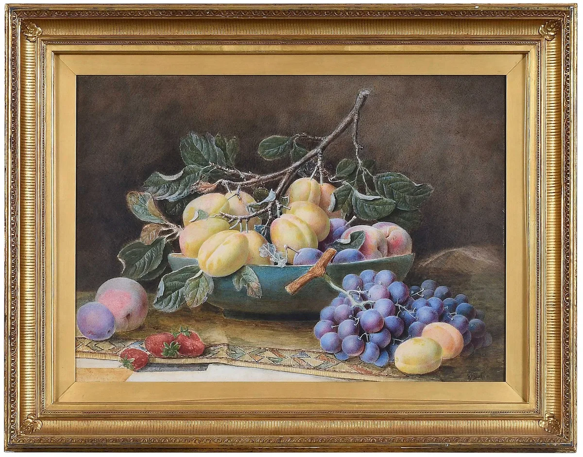 William B. Hough, Still Life with Apricots, Grapes, Apples, and Plums, watercolor on paper