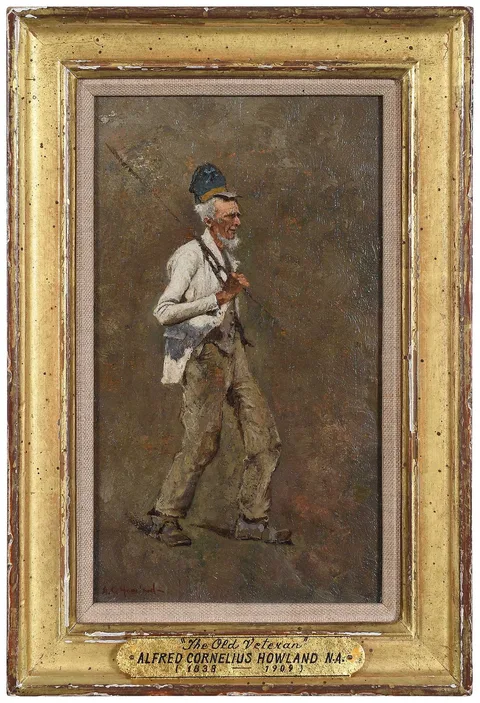 Sketch for Fourth of July Parade--The Old Veteran by Alfred Cornelius Howland, oil on panel from cigar box lid, sold Sep 2025