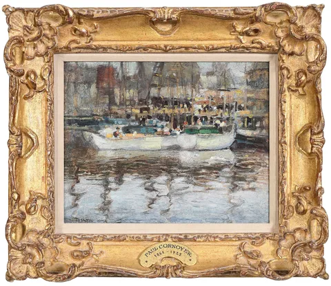 Paul Cornoyer, Fishing Boats in a Harbor, oil on board