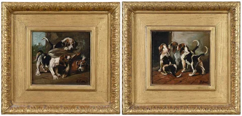 John Emms, A Pair of Miniature Paintings, Foxhound Puppies, circa 1890, oil on canvas