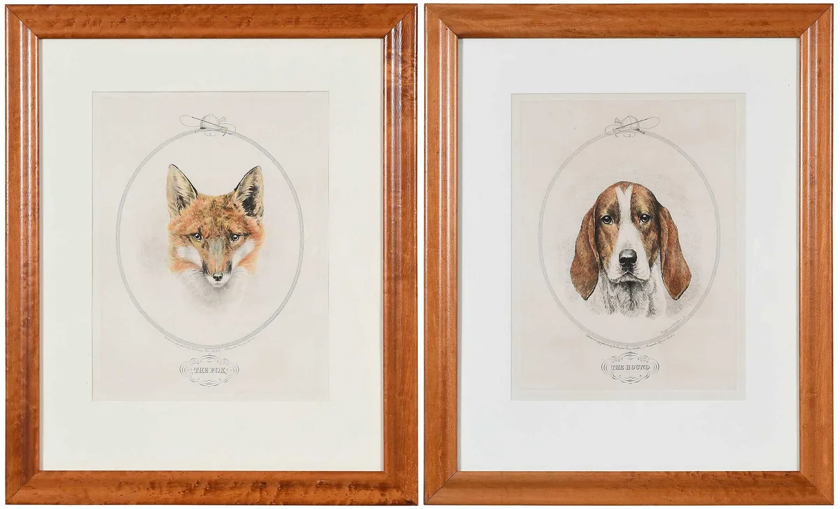 Marguerite Kirmse, The Fox and The Hound, 1931, hand colored aquatint on paper