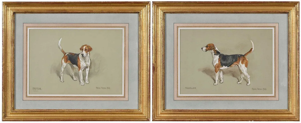Frank Paton, A Pair of Portraits of Foxhounds, watercolor and gouache on light green to buff paper
