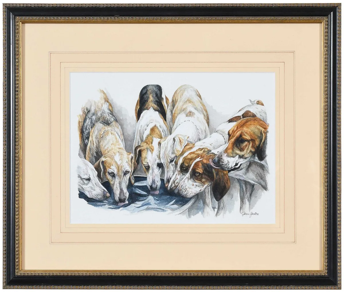 Jane Gaston, Seven hunting dogs drinking water, watercolor on paper