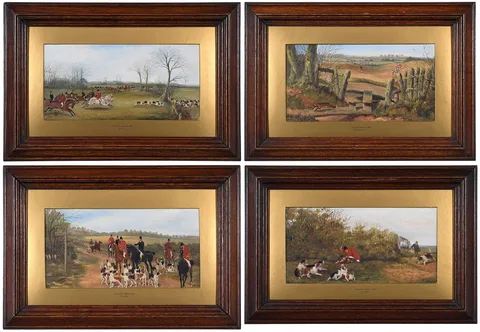 Sylvester Martin, Set of Four Fox Hunting Paintings, oil on paper on board