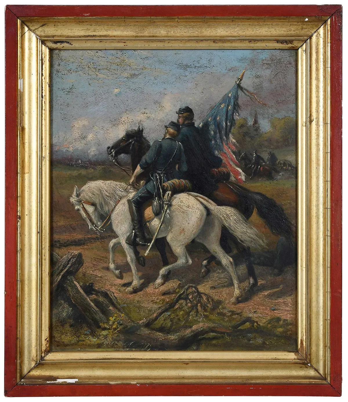 Joseph Edwin Baker, Ulysses S. Grant and Union Calvary Officer Carrying the Stars and Stripes, possibly inscribed lower left, also and oil on board