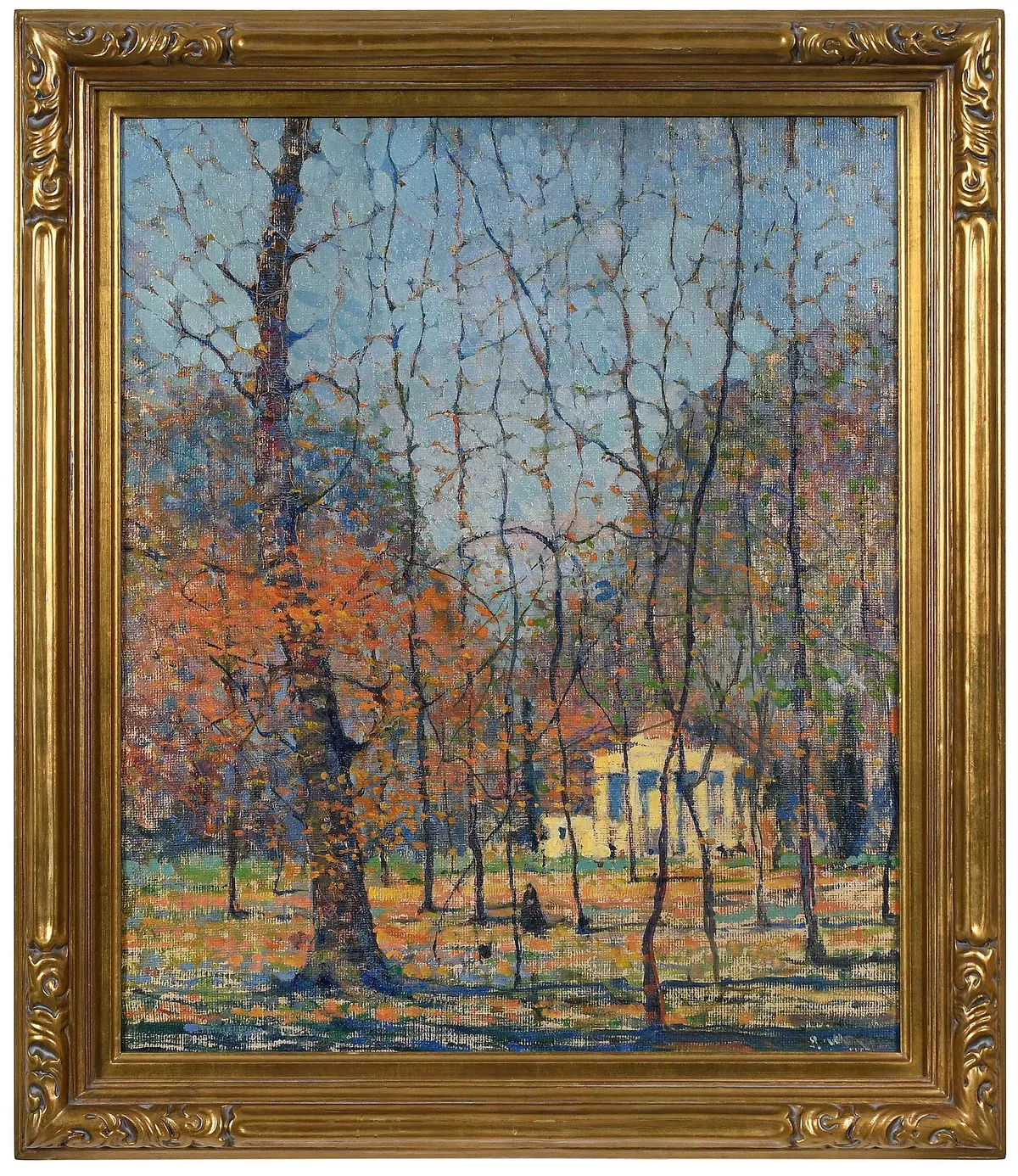 John Wenger, Autumn Scene, incised signature on tree lower left, oil on coarse canvas