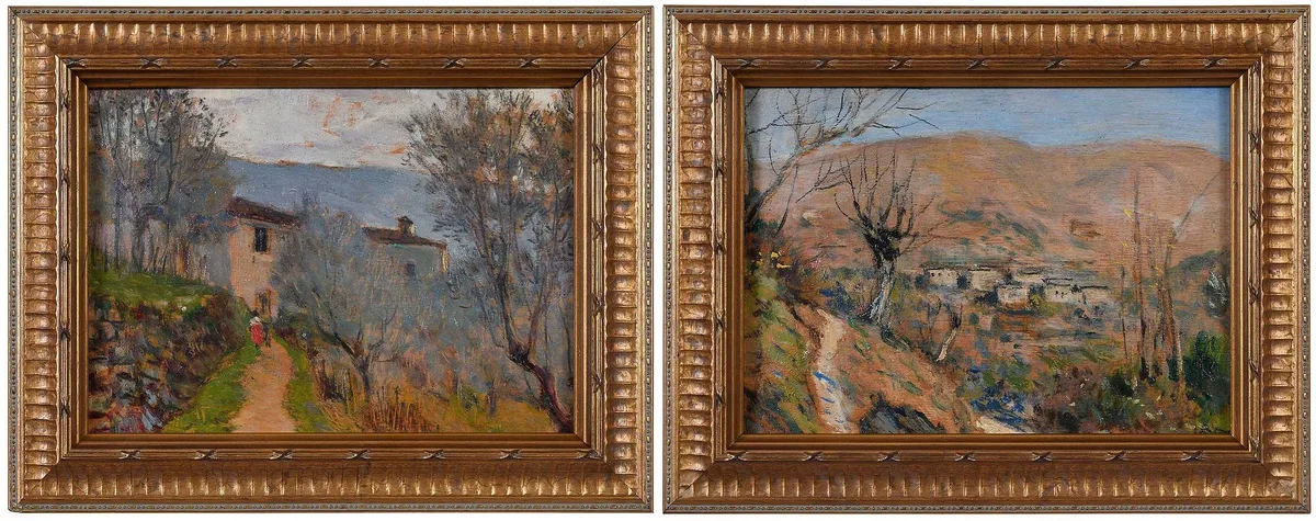 Galileo Chini, Pair of Italian Landscapes, 1943, oil on plywood