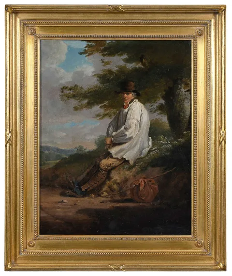 Countryman Resting by a Wayside by George Morland, oil on paperboard, sold Jun 2025