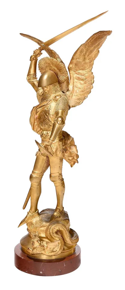 Saint Michael Slaying the Devil by Emmanuel Frémiet, 1876, bronze on sienna marble base, sold Jun 2025
