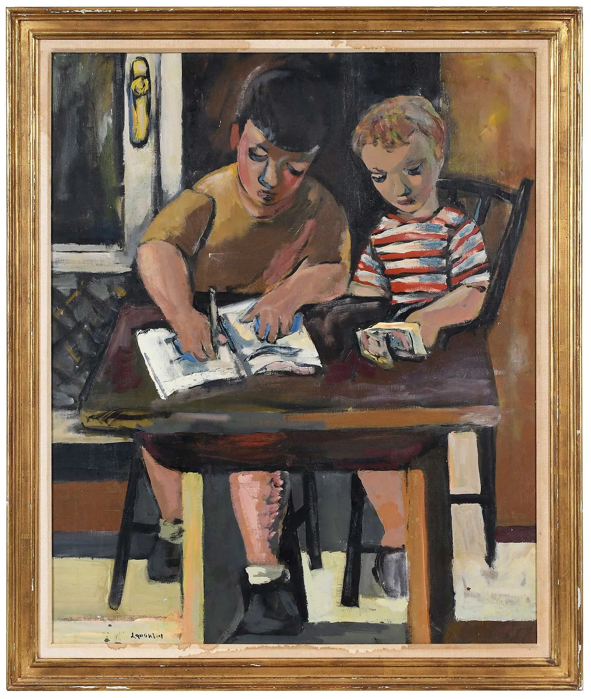Thomas Irwin Laughlin, Boys Studying, oil on canvas