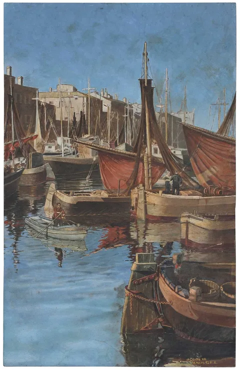 Italian Port Scene by John H. Recknagel III, oil on Masonite, offered Jun 2025
