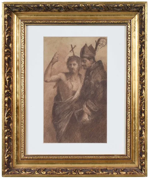 Edward Burne-Jones, Two Saints, brown and black chalk on brown laid paper