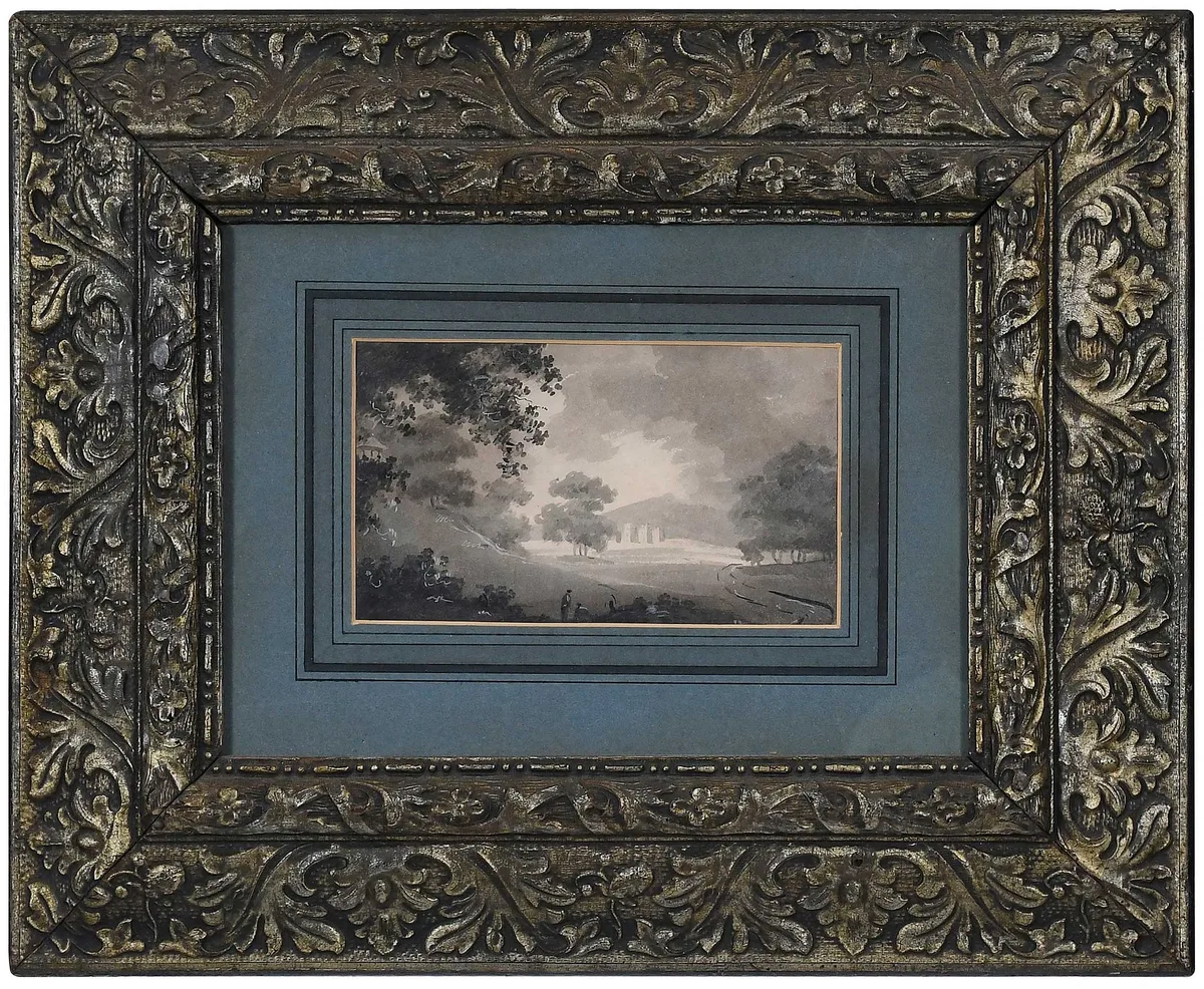 Distant Castle, figures in a landscape by William Sawrey Gilpin, ink and ink wash and body color on cream wove paper, sold Jun 2025
