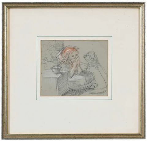 Charles West Cope, Girl and Her Dog, and white crayon on paper