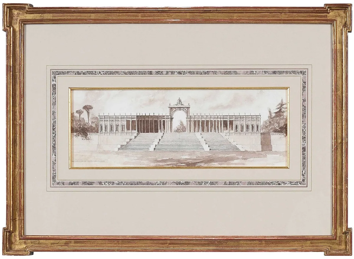 Architectural Elevation by French School, sepia ink and ink wash over pencil on cream wove paper, sold Jun 2025