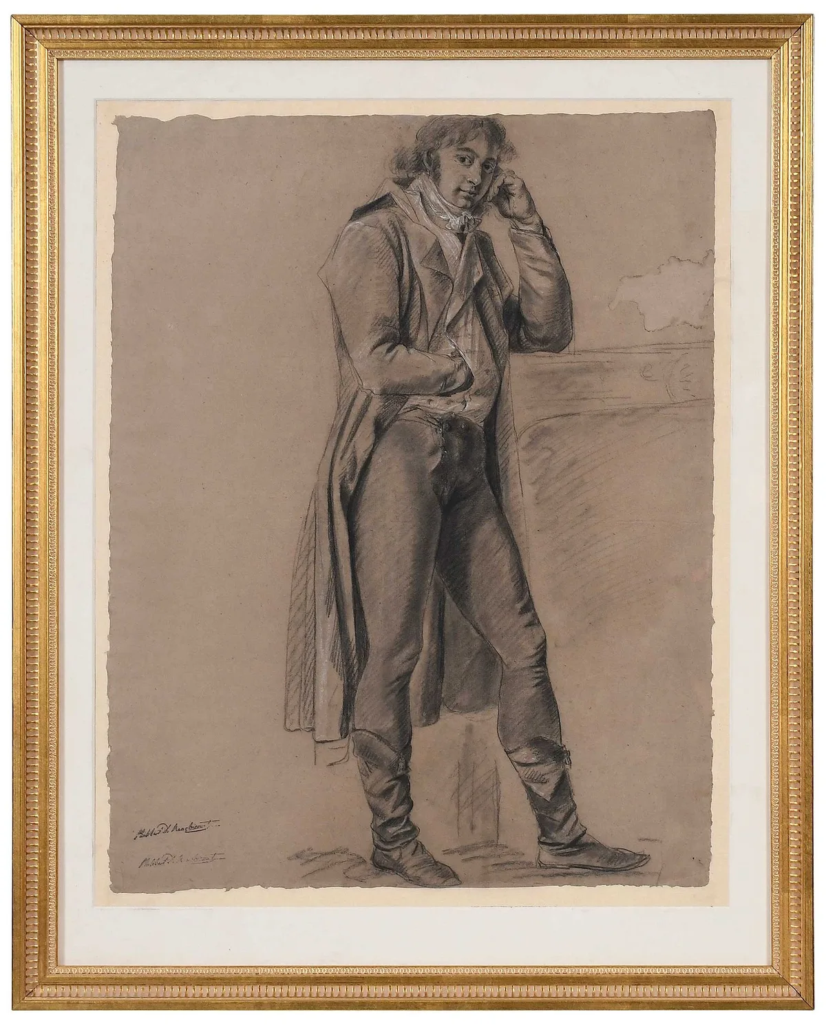 Philibert de Ranchicourt, Full Body Portrait, black and white chalk on brown paper