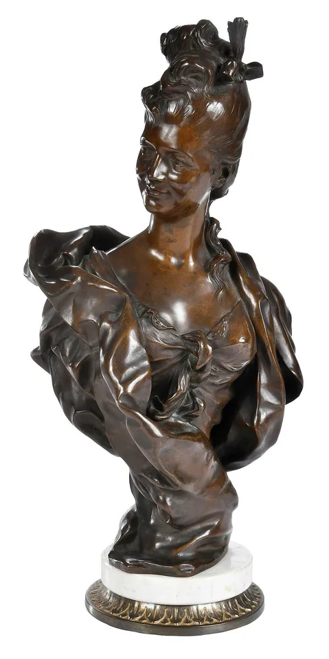 Henri Allouard, Bust of a Lady, patinated bronze on marble and metal socle