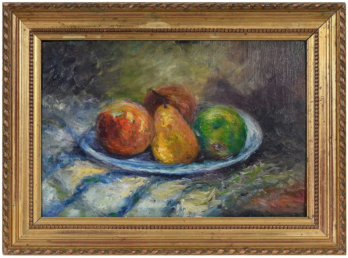 Fruit Still Life by Arsene Etienne Sari, oil on Masonite, sold Jun 2025