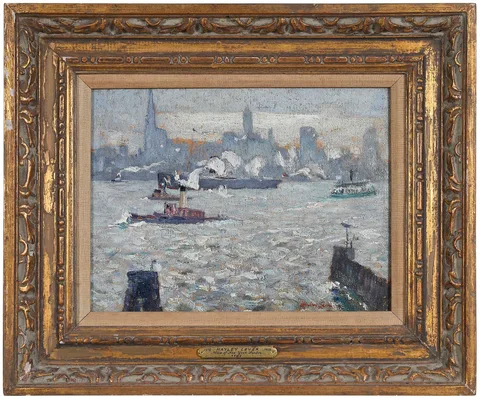 Hayley Lever, View of New York Harbor, from the Lackawanna Depot, New Jersey, 1928, oil on board