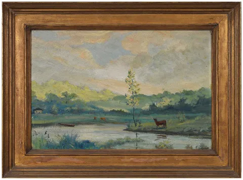 Louis Eilshemius, Landscape with Cows, oil on board