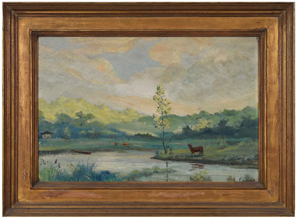 Landscape with Cows by Louis Michel Eilshemius, oil on board, sold Feb 2025