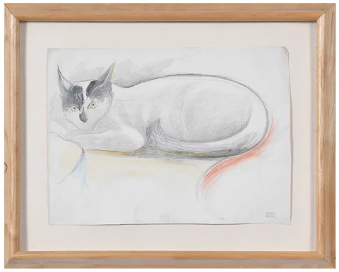 Joseph Stella, Cat in Repose, collector's stamp lower right, pencil and colored pencil on paper