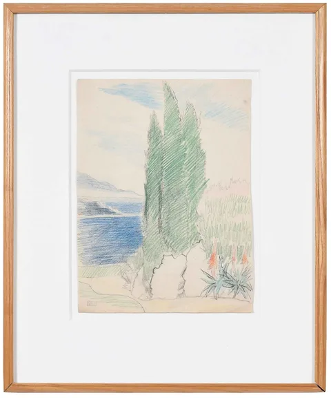 Joseph Stella, Cypress Trees, collector's stamp lower left, colored pencil on buff paper