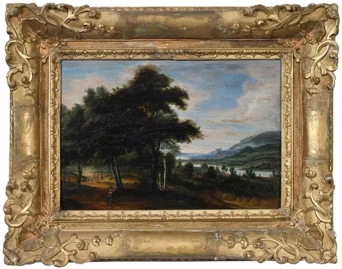 Lucas van Uden, Townspeople Walking Wooded Tracks, riverside town in distance, oil on panel