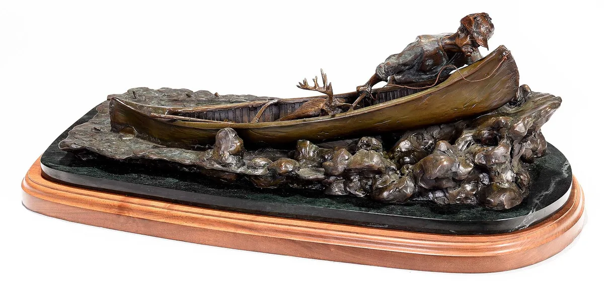 Sporting Bronze, Hunter with Canoe, patinated bronze on marble and wood plinths