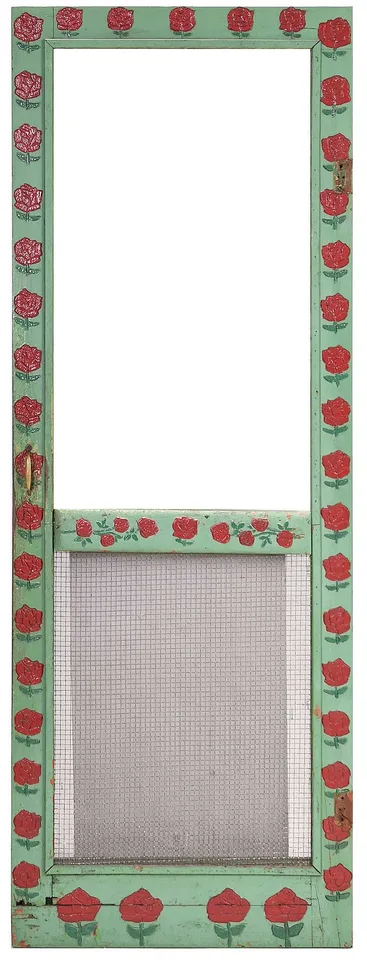 Ulysses Davis Barbershop Screen Door, Rose Decorated Screen Door, carved and painted wood frame with brass handle and metal mesh and netting screen